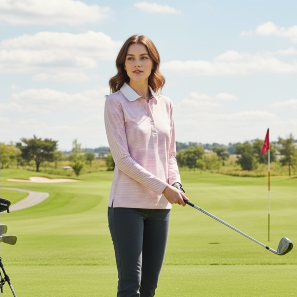 Aquascutum London Women’s Stretch Golf Polo Shirt Pink and White Sz Small